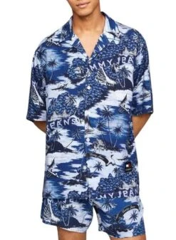 Chemise Tommy Jeans Hawaiian Bleu Pour Homme