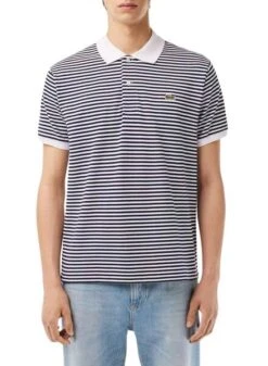 Polo Lacoste L1212 à Rayures Bleu Marine Pour Homme